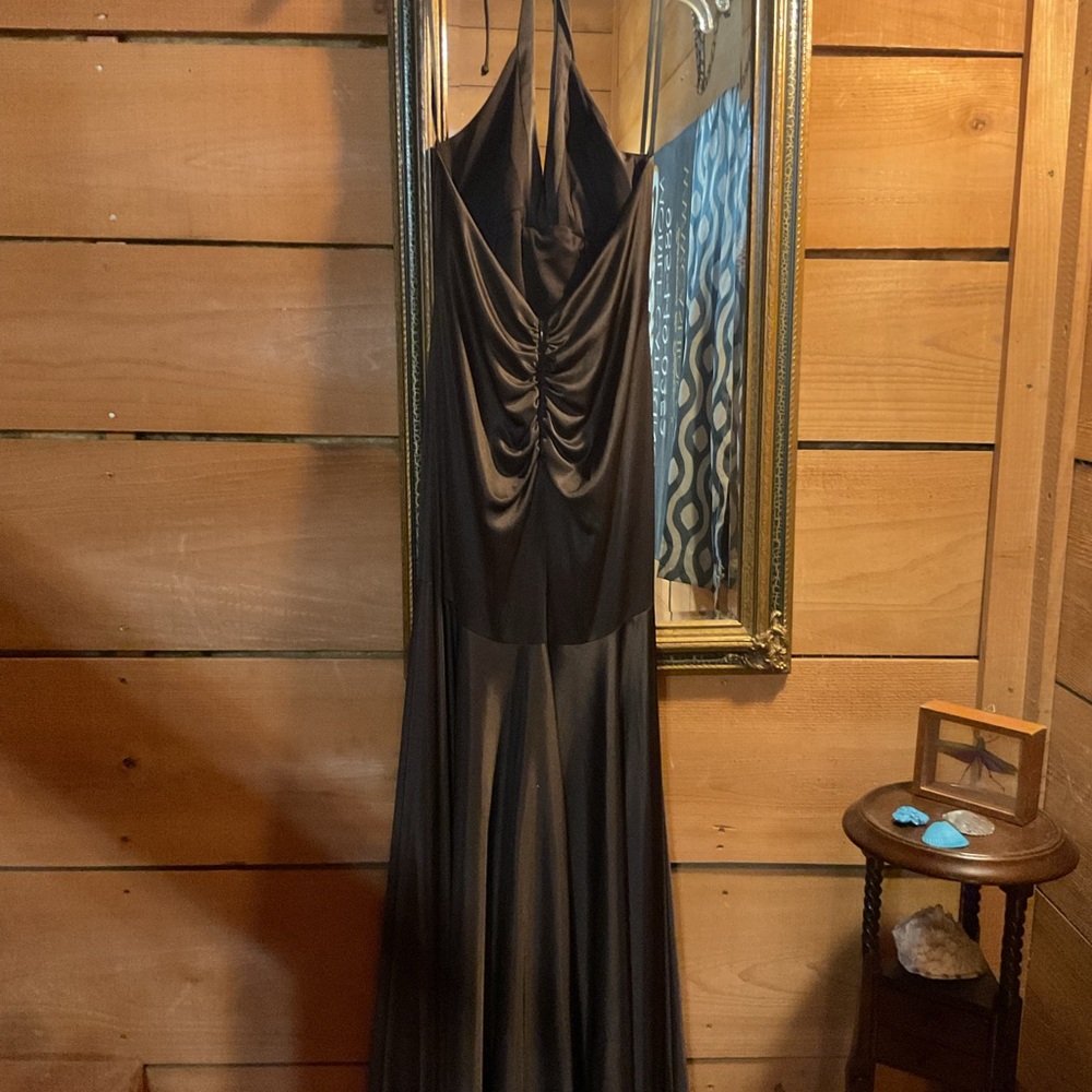 Brown Ruched Backless Halter Gown